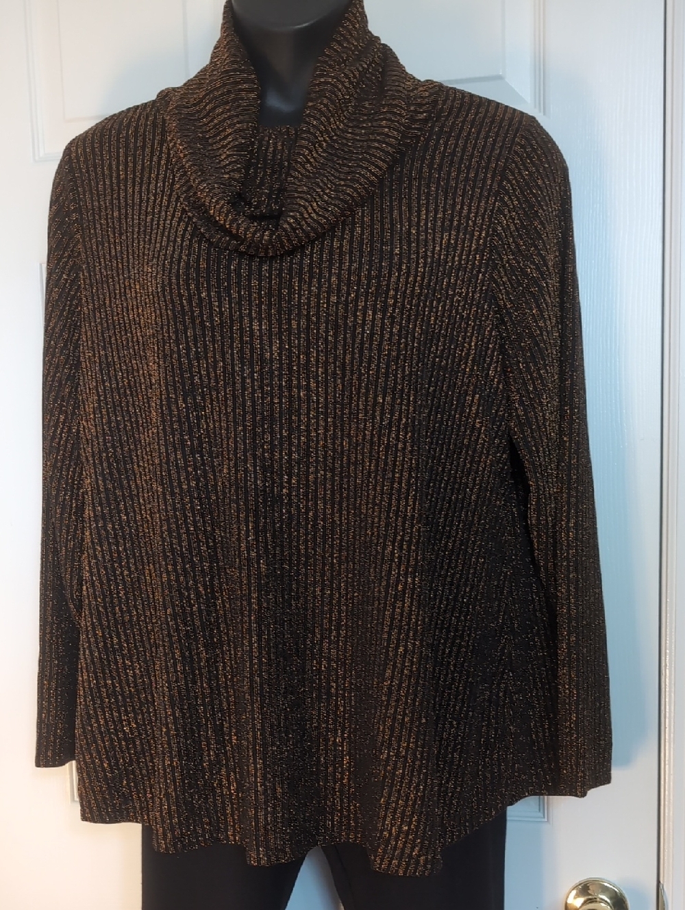 Belldini Black and Gold Metallic Ribbed Cowl-Neck Sweater